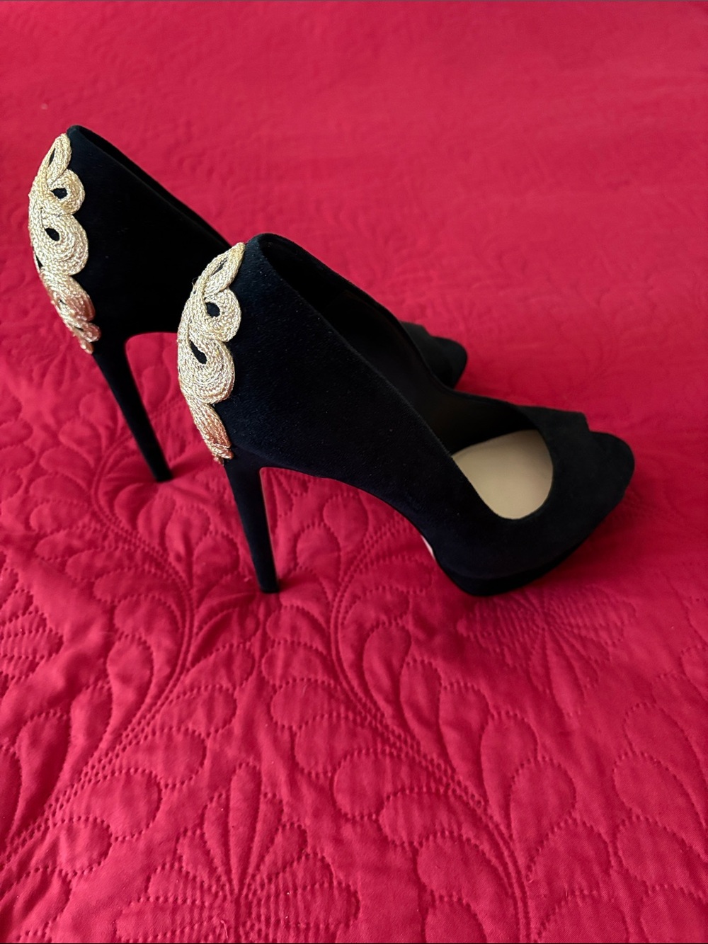 Brian Atwood Black Suede Peep-Toe Heels with Gold Embellishment